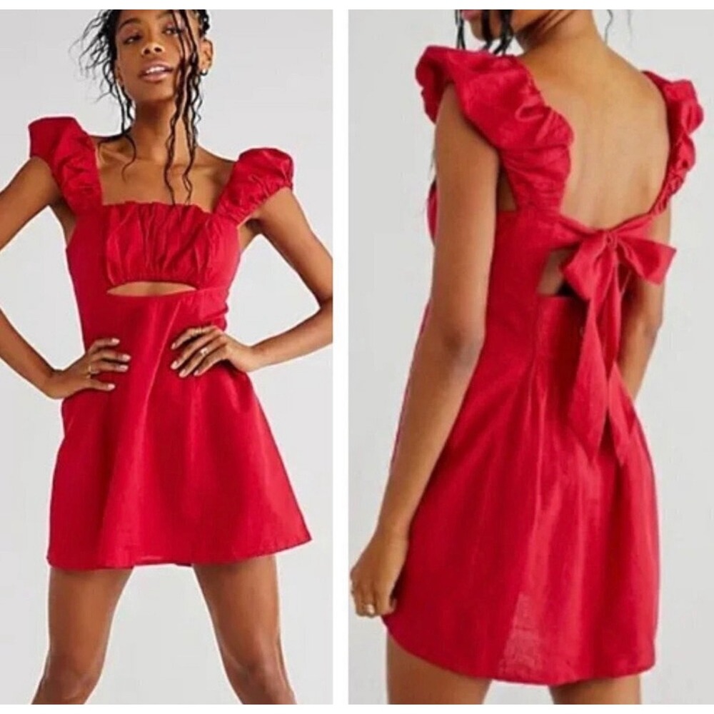 Free People Bom Bom Island Dress Red Cotton Linen Tie Back Mini Dress Small